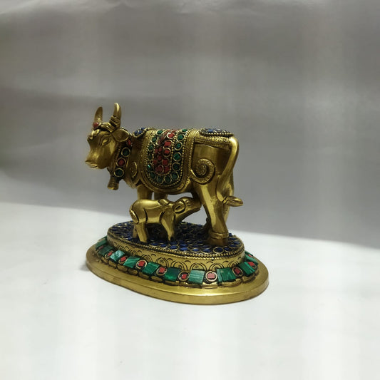 Brass Kamdhenu Cow & Calf Idol – 5 inch | Decorative Enamel Work Statue for Home & Pooja