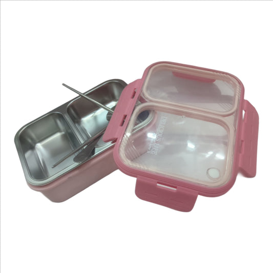 Lunch Box 2 Compartment Insulated Lunch Box Stainless Steel Tiffin Box for Boys, Girls, School & Office Lunch Box, Leak Proof Seal Proof Lunch Box, Random Color as per Availability, Pack of 1