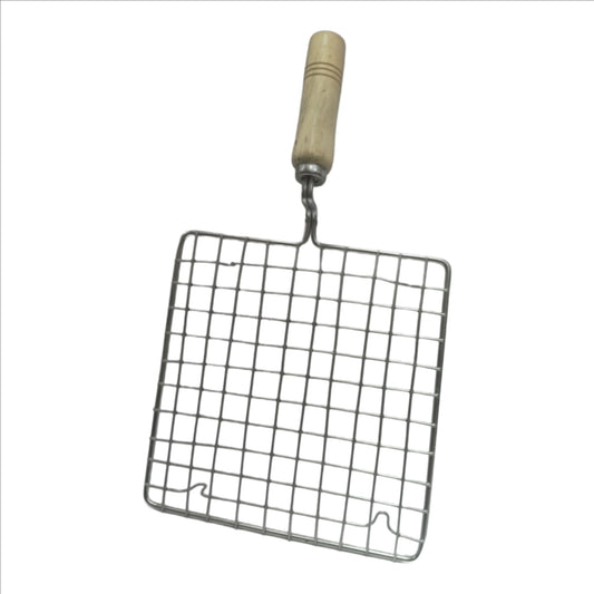Stainless Steel Phulka Grill Pan with Wooden Handle, 17x17 cm Mesh Surface, Multi-Purpose Roti and Papad Roaster for Gas Stove