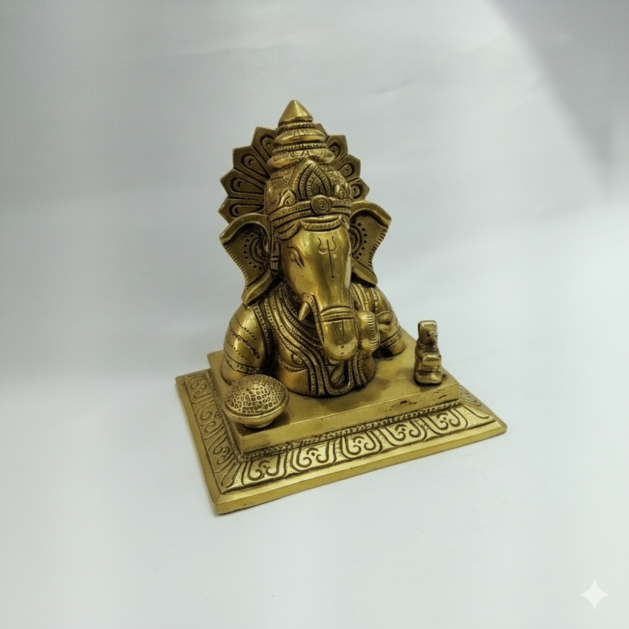 Brass Lord Ganesha Statue: Fine Golden Finish (5.5" x 5" x 4")