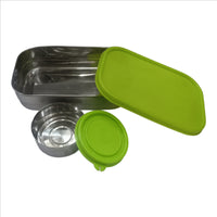 Stainless Steel Lunch Box with Compartments, Green Lid, Oval Shape, Leakproof Food Storage Container