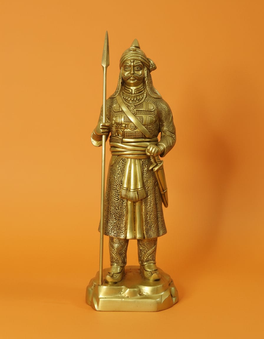 Brass Standing Maharana Pratap, Yellow, 7 x 5 x 9 Inch (L x W x H)for Home Office Mandir Decor Gift Items Collectible Handicraft Art